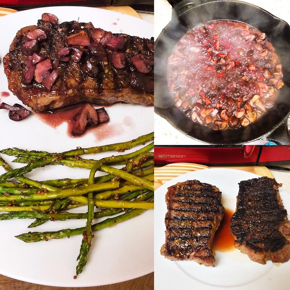 Strip Steak with Red Wine Mushroom Sauce and Mustard Roasted Asparagus