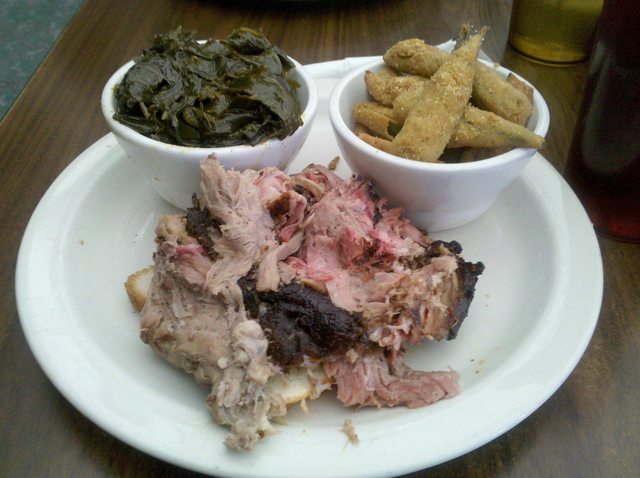 Pulled Pork, Fried Okra, Collard Greens from Fox Brothers BBQ, Atlanta GA
