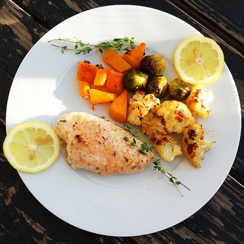 Roasted Lemon-Thyme Chicken with Fall Veggies (Cauliflower, Butternut Squash, Brussels Sprouts)