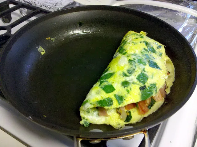 Easy Spinach Omelette with Ham, Tomato and Onions (Paleo, Keto, Whole30)