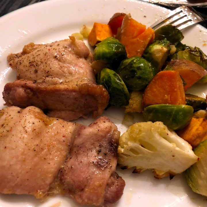 One Pan Oven Roasted Chicken and Veggies (Brussels Sprouts, Cauliflower, Sweet Potatoes)